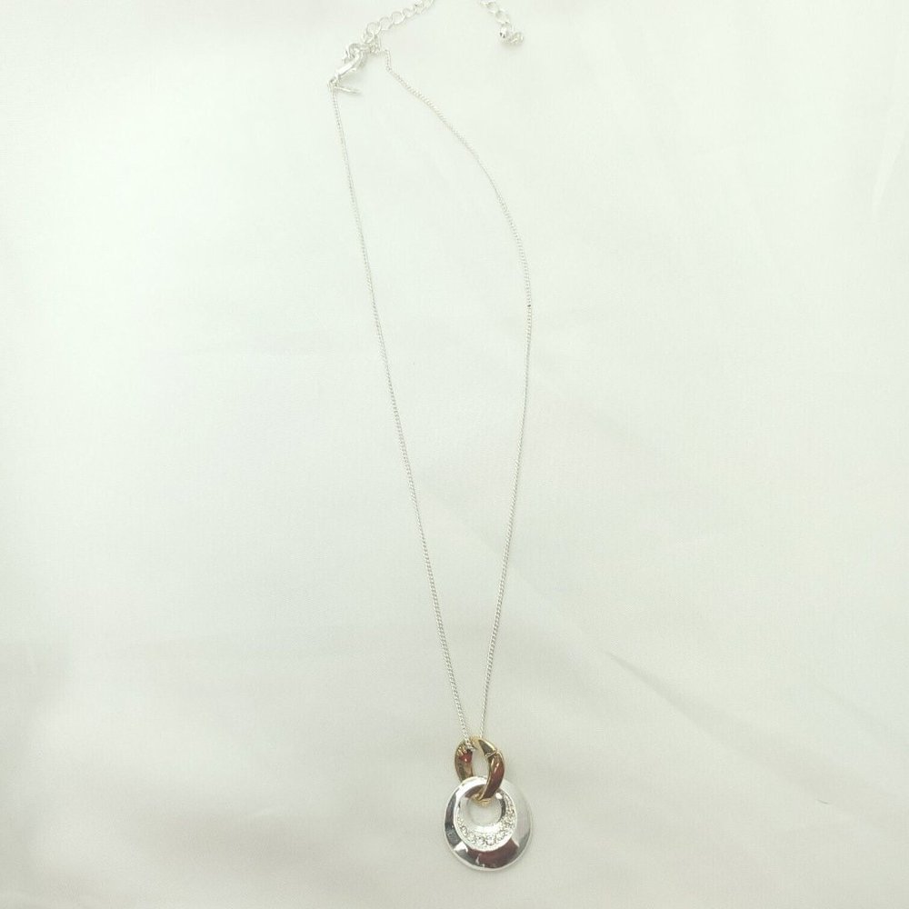 Womens Silver Fashion Flat Link Chain Lobster Clasp Gold Circle Pendent Necklace